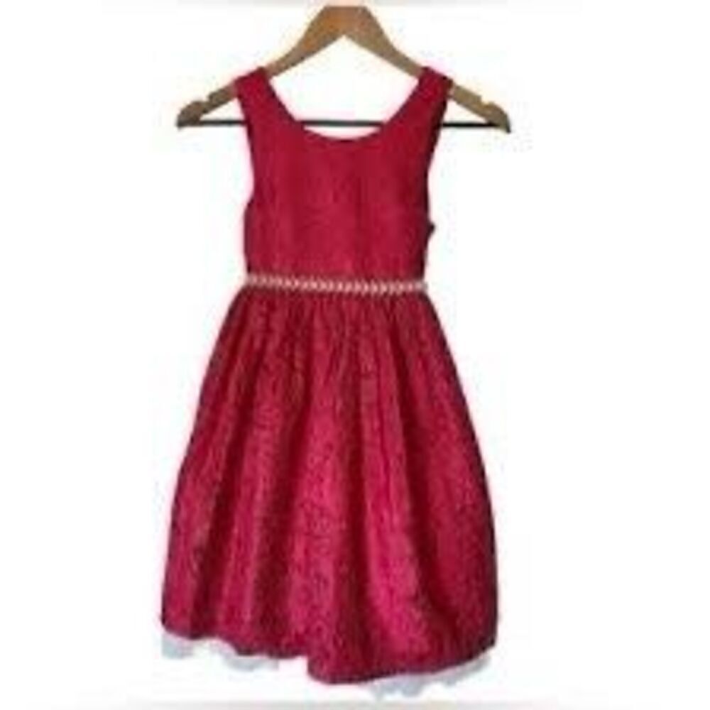 American Princess Girls 12 Lace Holiday Dress Maroon Gold Pearl Waist Bow Back